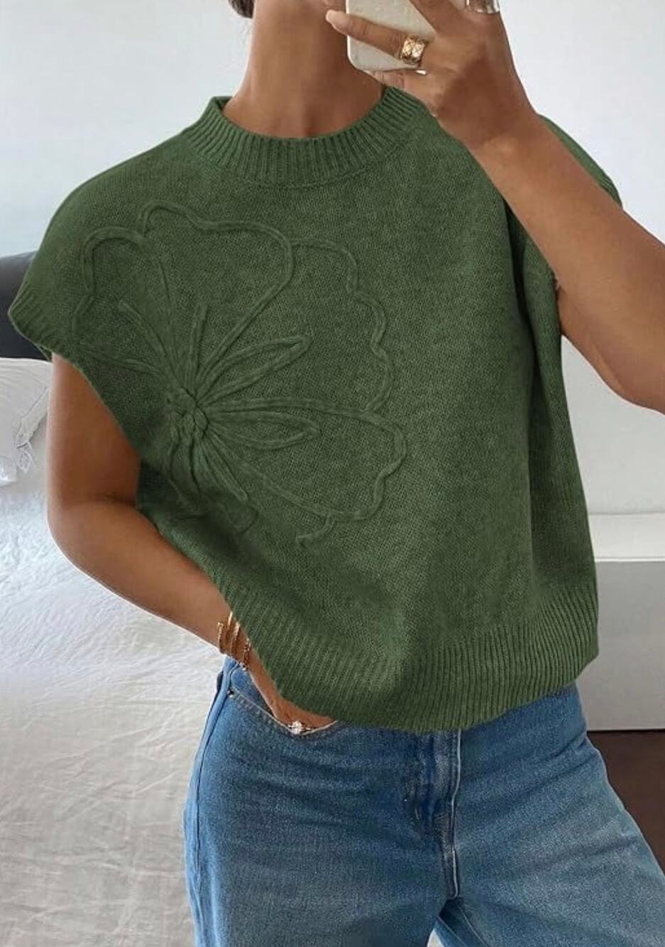 Womens Green Knit Sweater Vest Small 3D Floral Applique Short Sleeve Pullover XL